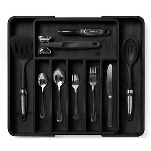 Expandable Bamboo Drawer Organizer Adjustable Silverware Tray for Kitchen Black